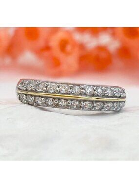 Dual Toned Cubic Zirconia Sterling Silver 925 Banded Vintage Ring - sz 6.75